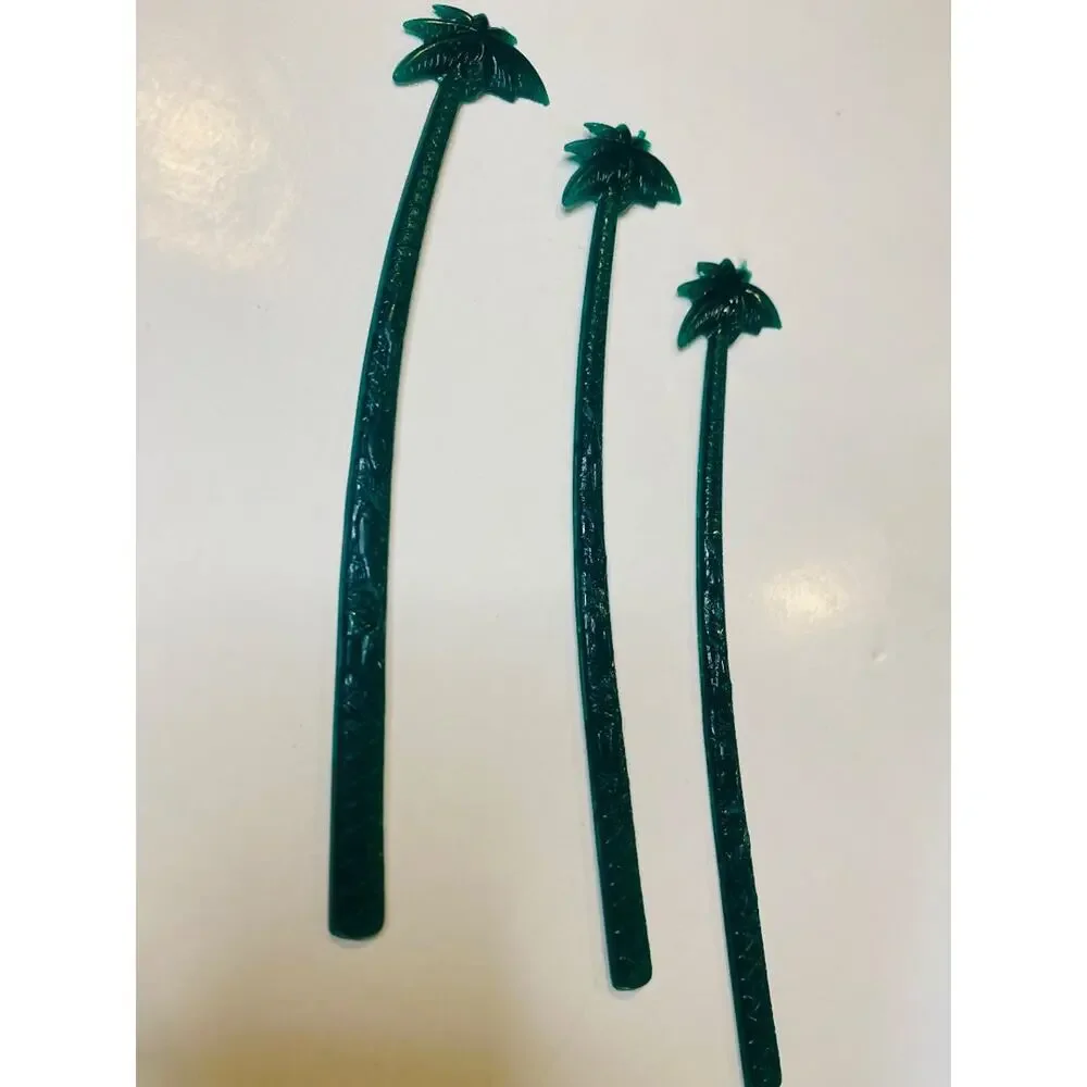 Set of 3 Vintage Hilton Mayaguez Cocktail Sticks Stirrers Green Palm Tree 6